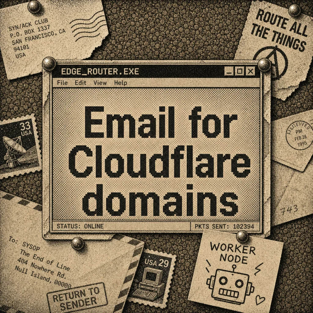 Lo-fi corkboard illustration with EDGE_ROUTER.EXE pinned above Email for Cloudflare domains