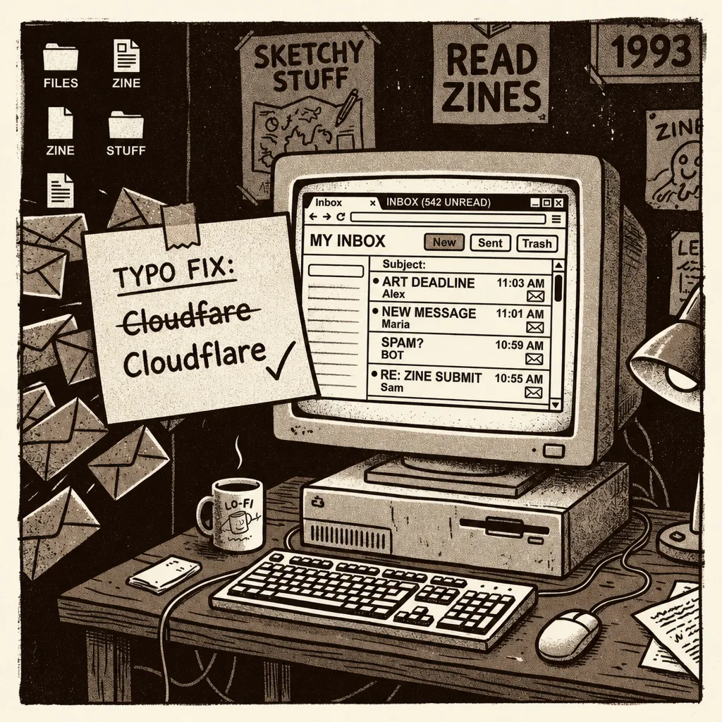 Lo-fi illustration correcting Cloudfare to Cloudflare beside a mail app