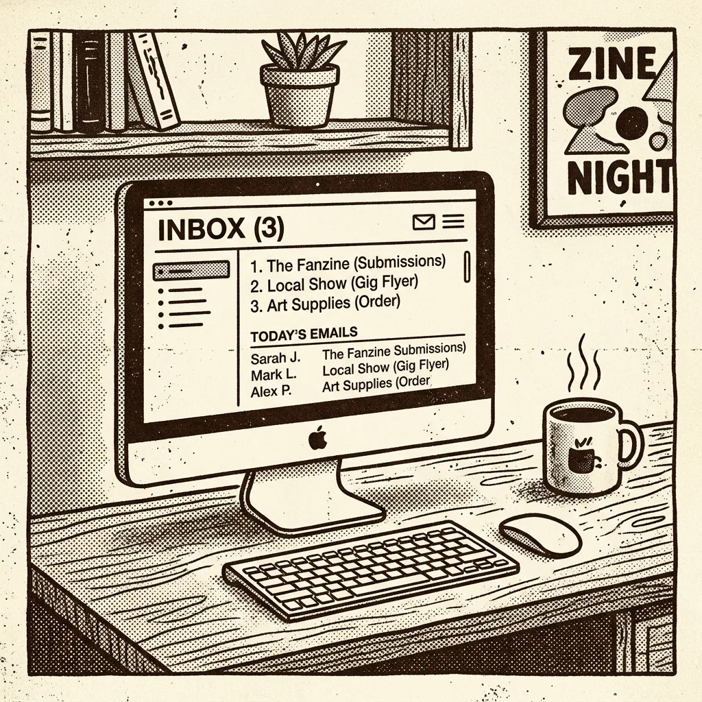 Lo-fi illustration of a desktop computer running a mail client