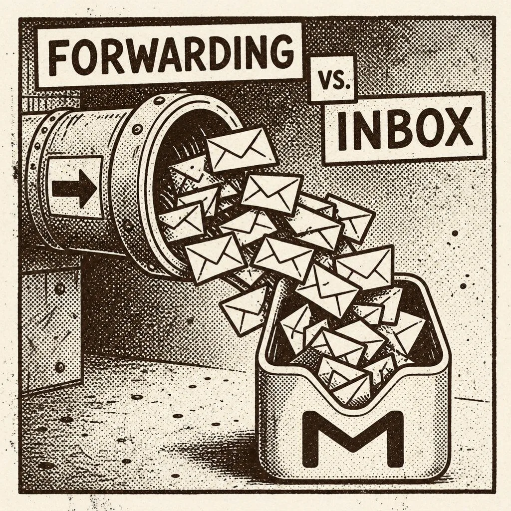 Lo-fi illustration of a forwarding pipe leading into an inbox app