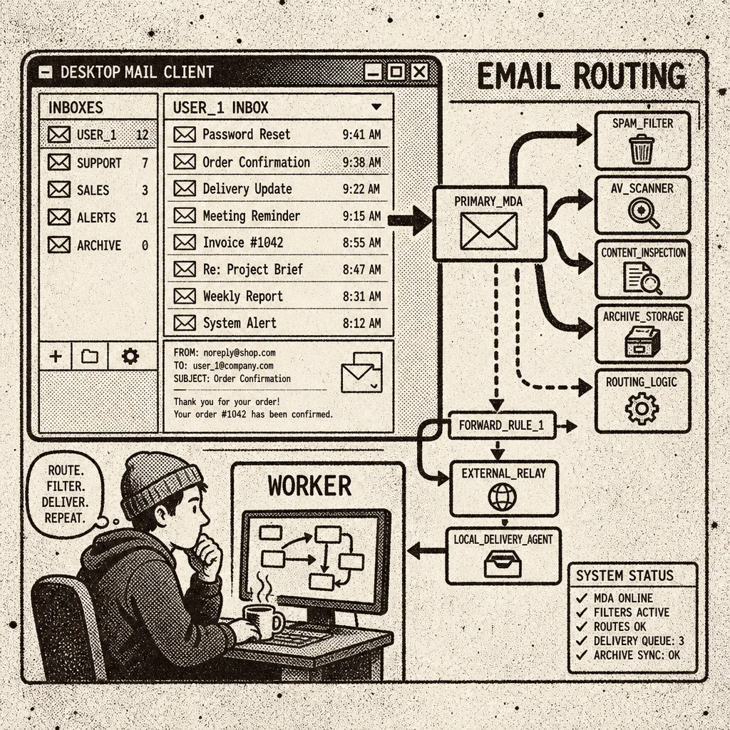 Desktop app window next to routing arrows