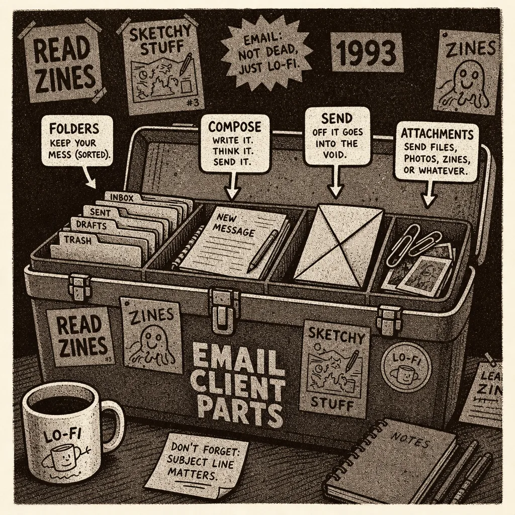 Illustrated toolbox labeled email client parts