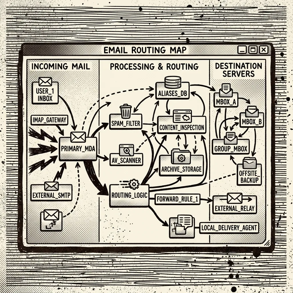 Lo-fi illustration of a desktop mail client beside Cloudflare routing