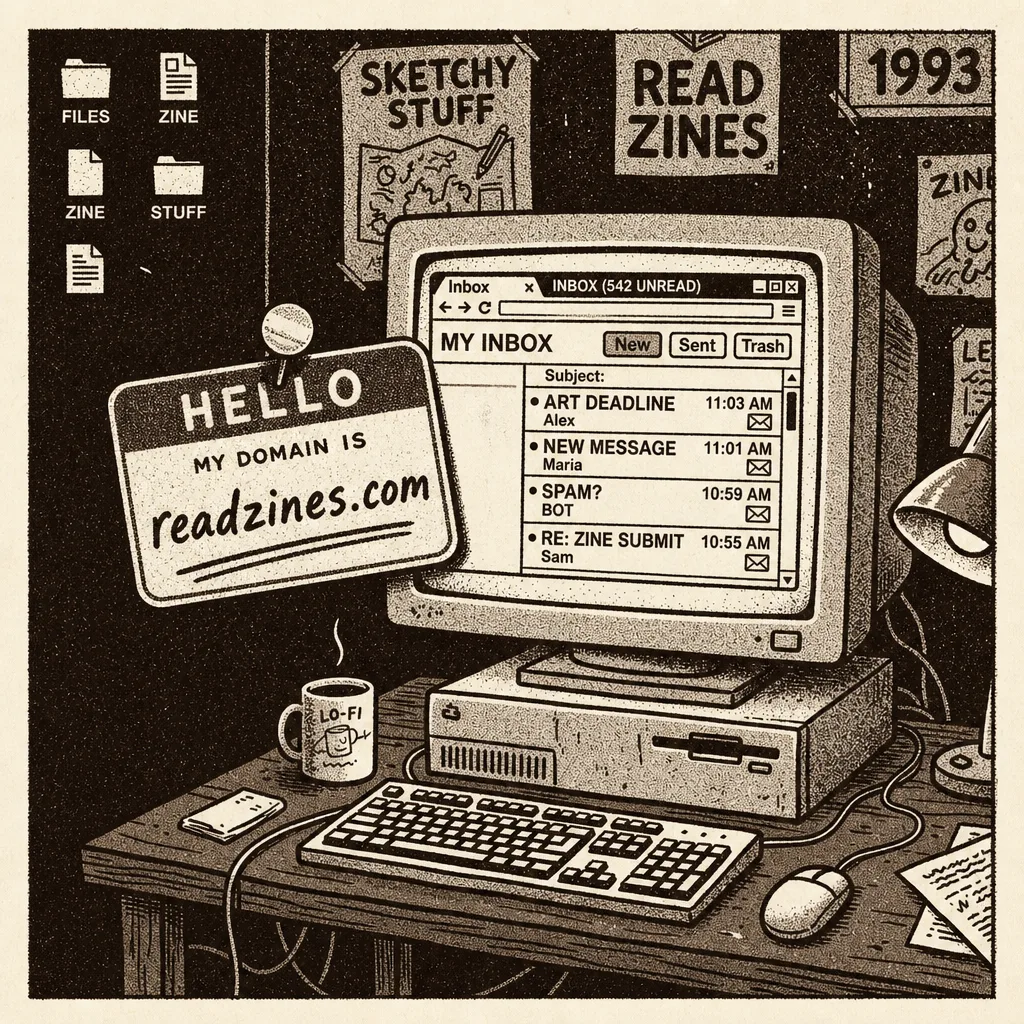 Domain name badge pinned to an inbox window