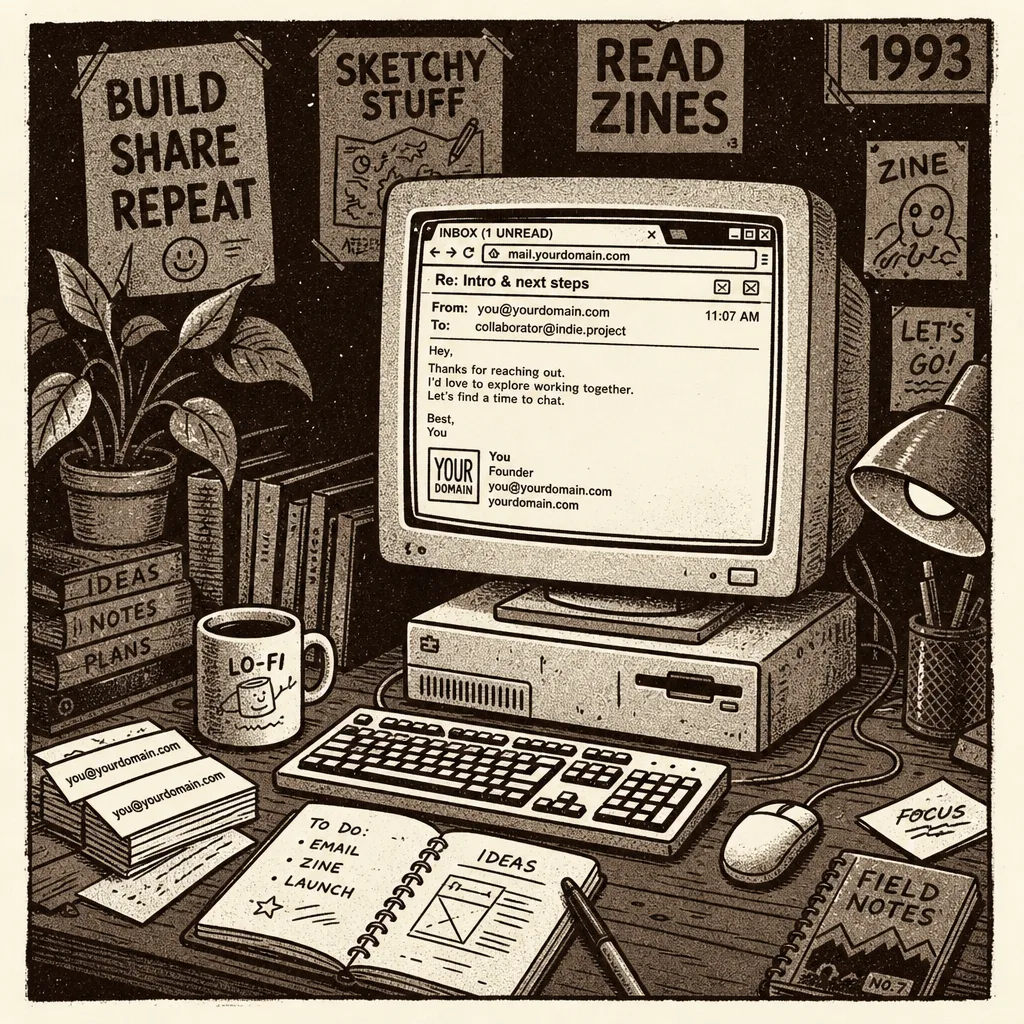 Founder desk with branded email open