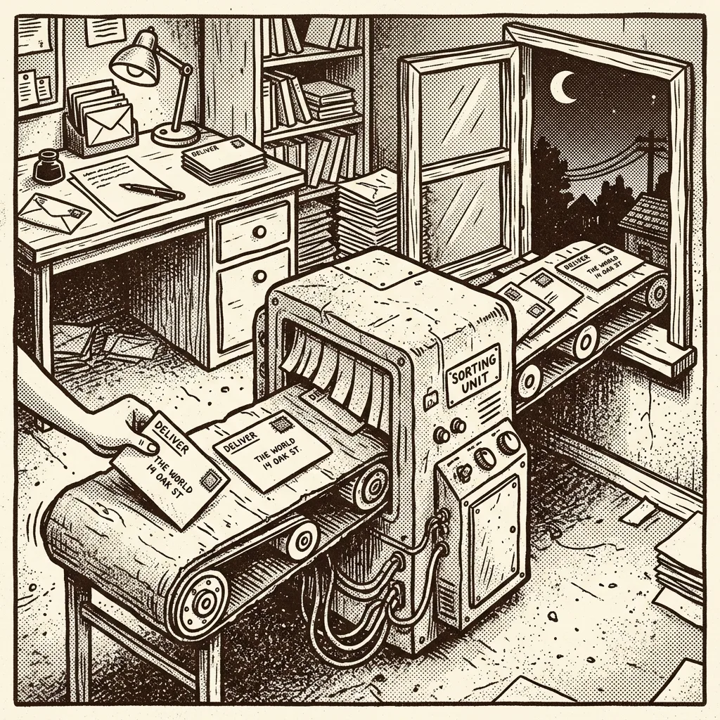 Lo-fi illustration of a full receive-and-send email loop