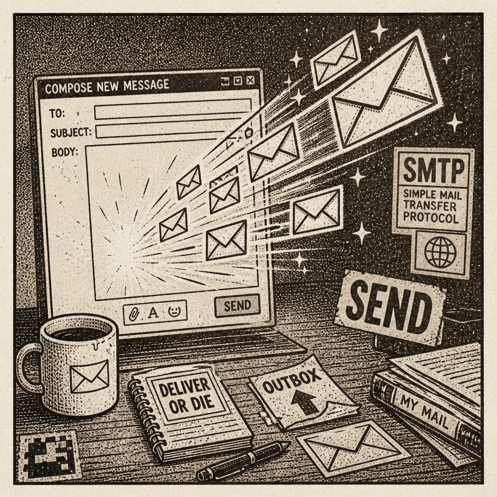 Lo-fi illustration of outbound mail leaving a desktop client