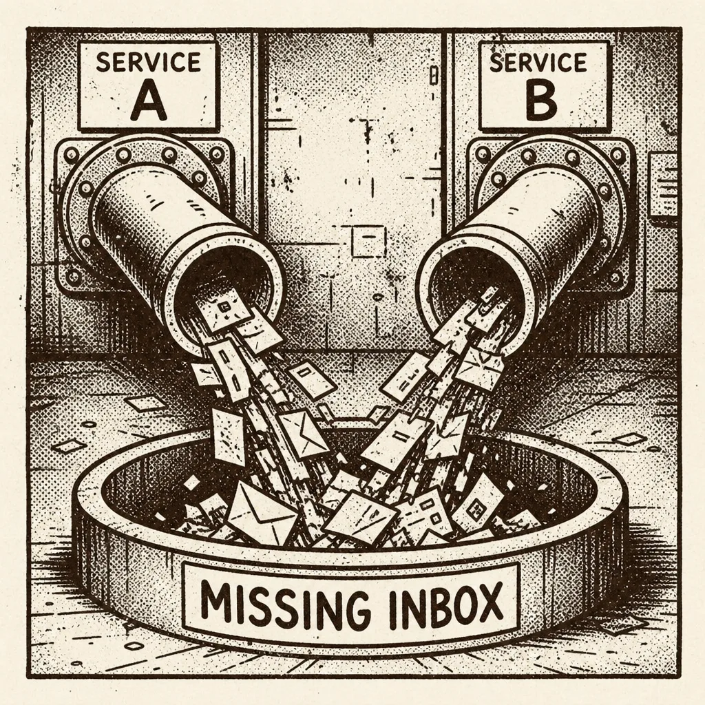 Lo-fi illustration of two forwarding pipes and one inbox