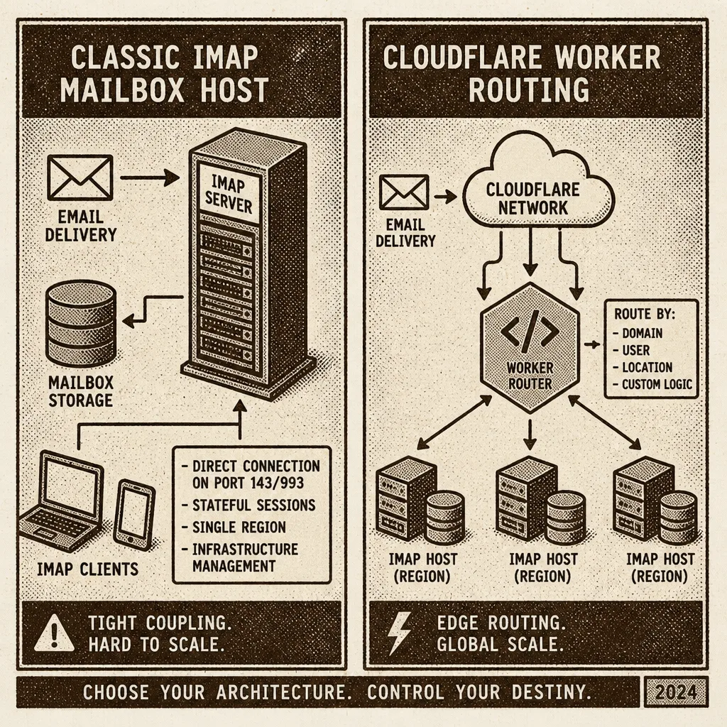 Two architecture posters: IMAP host vs Worker routing