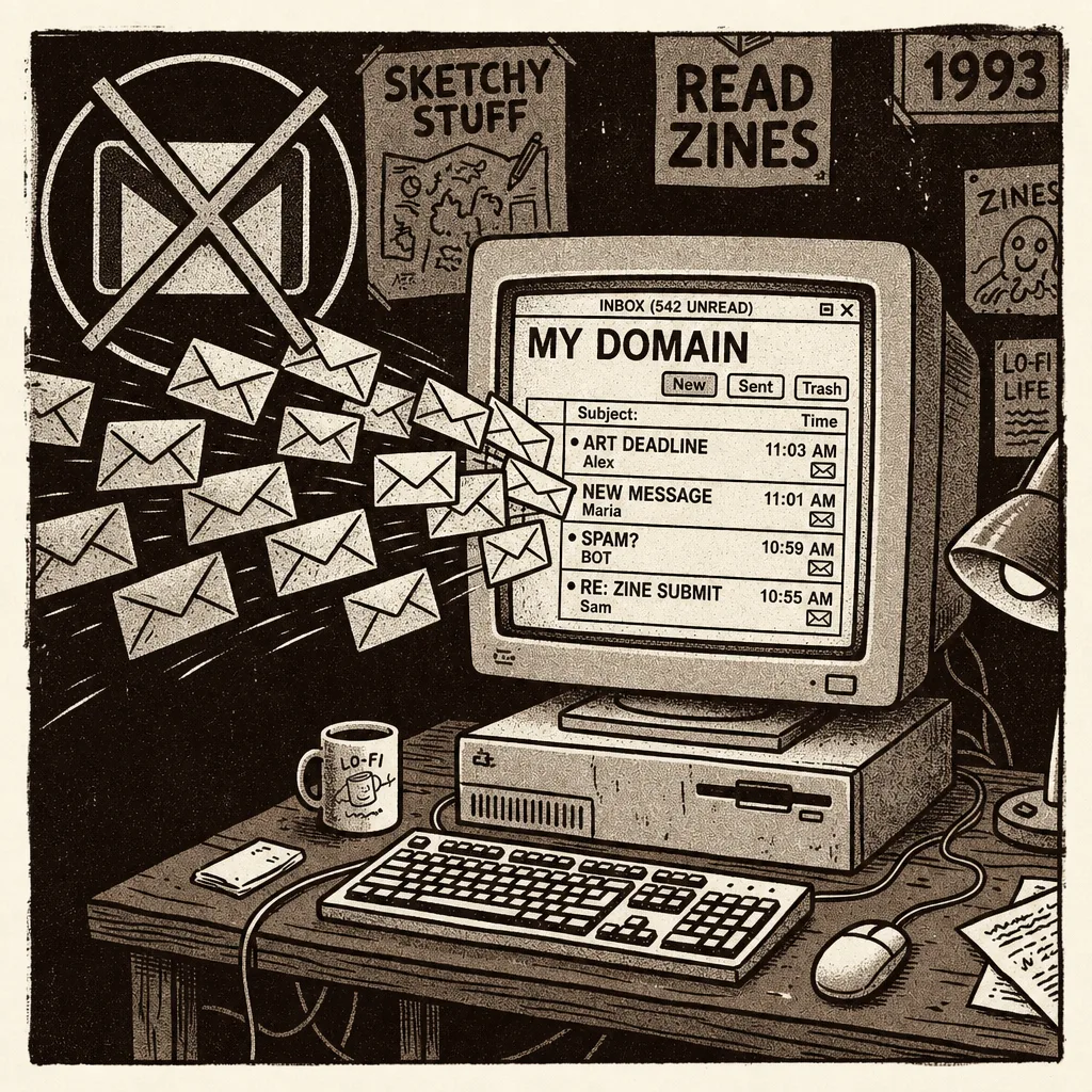 Lo-fi illustration of mail bypassing a Gmail logo toward a personal inbox