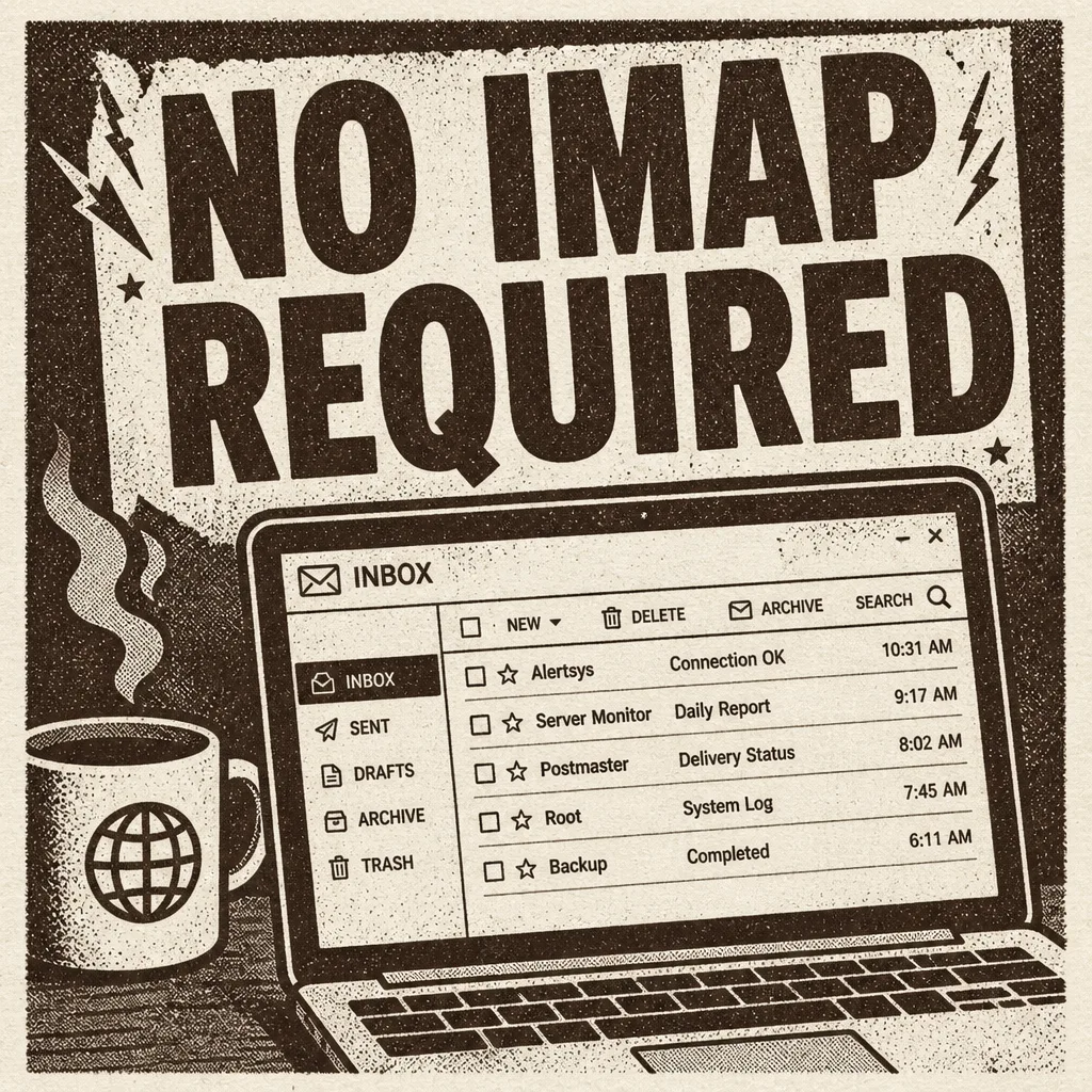 Lo-fi illustration of a clean no-IMAP architecture poster