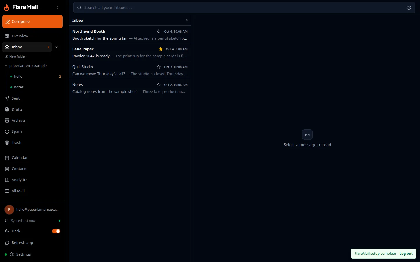 FlareMail inbox list in the web app, showing fictional sample mail