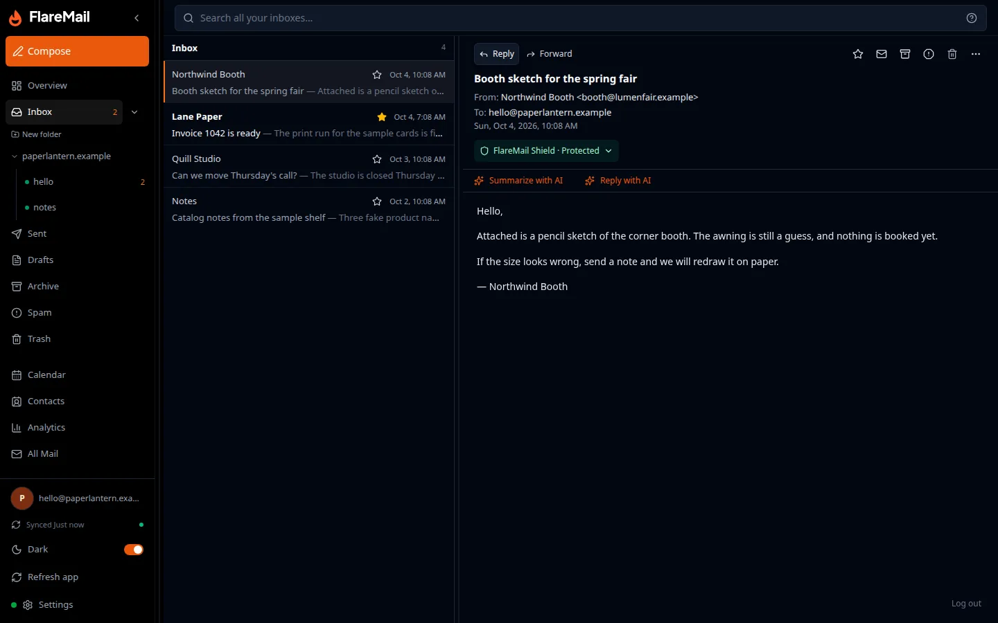 FlareMail web app with a fictional message open from Northwind Booth