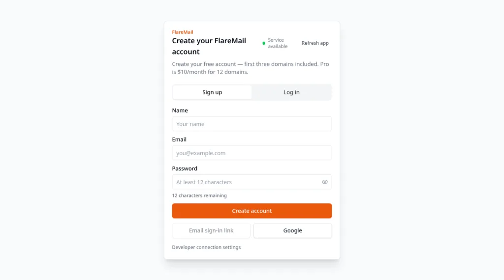 FlareMail sign-in form at app.sendwithflare.com