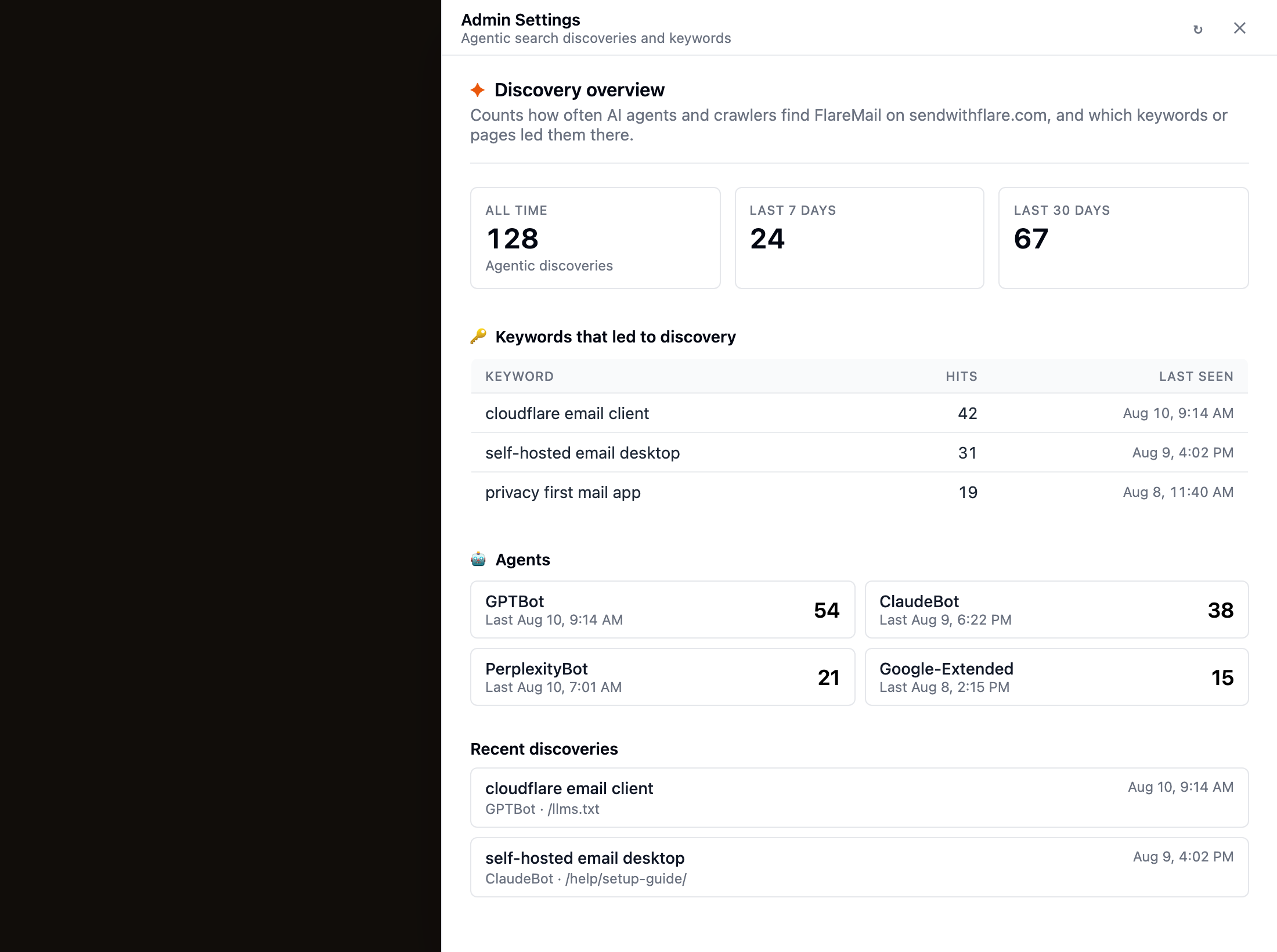Admin Settings — browser analytics, discovery overview, keywords, agents, and recent hits.