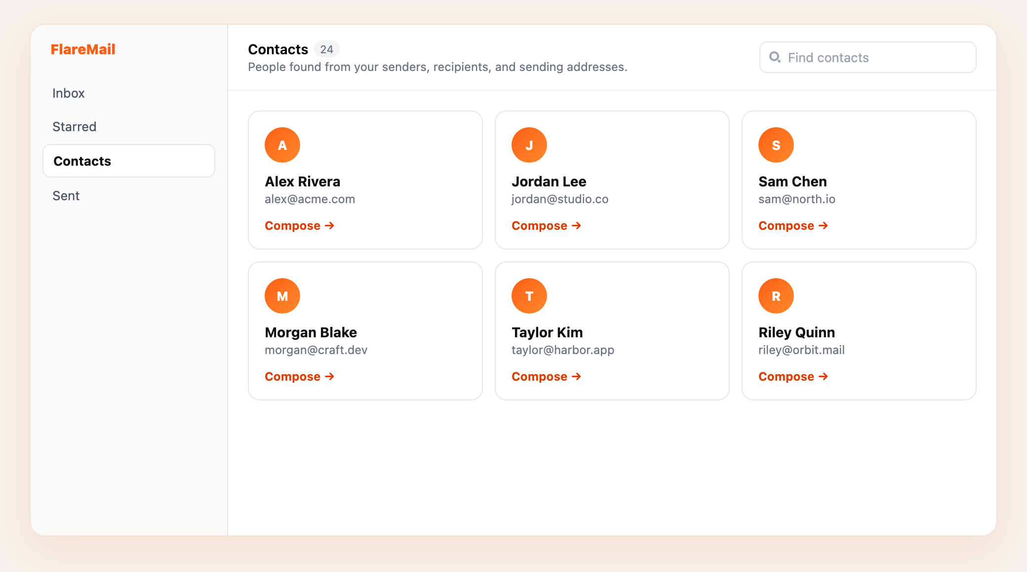 Contacts — search people from your mail and start a new message in one click.