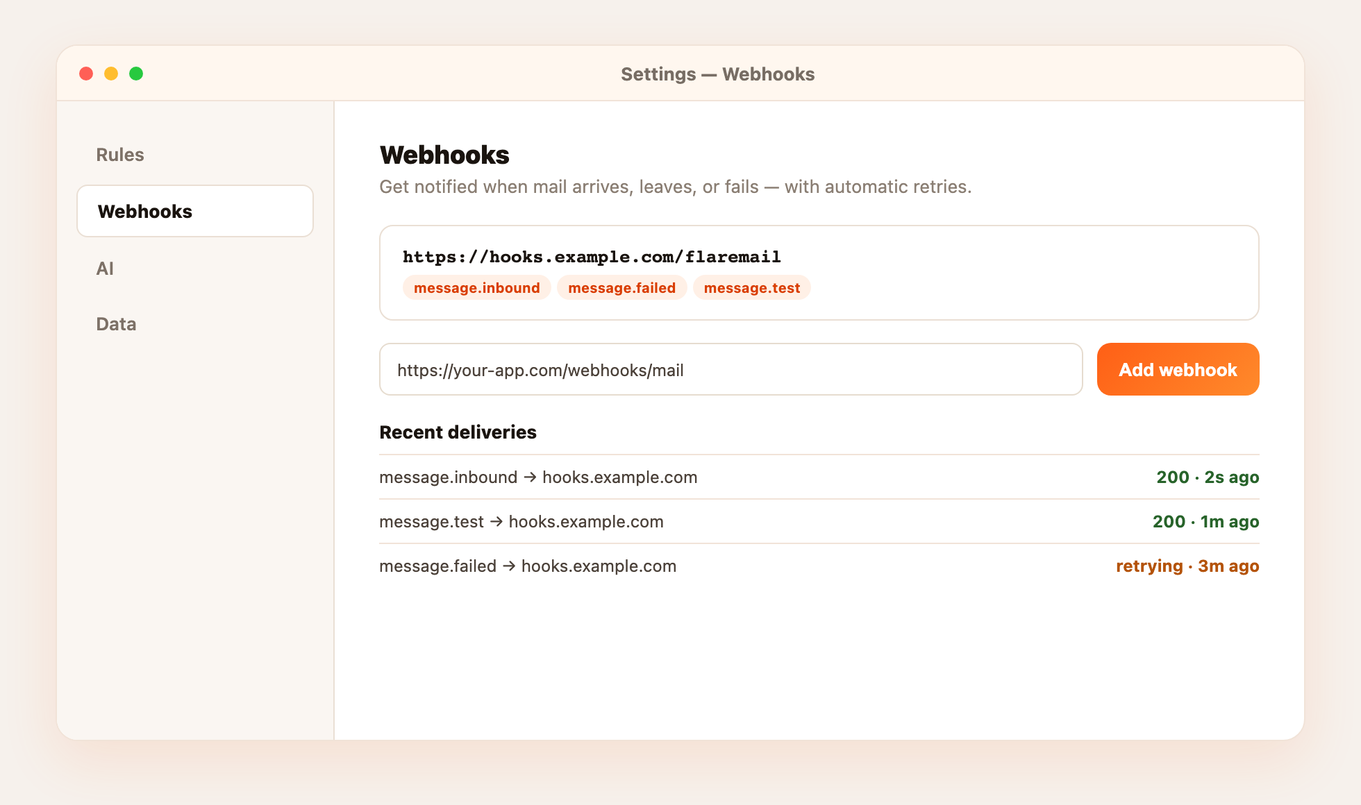 Settings → Webhooks. Add an endpoint, pick events, and review recent deliveries.